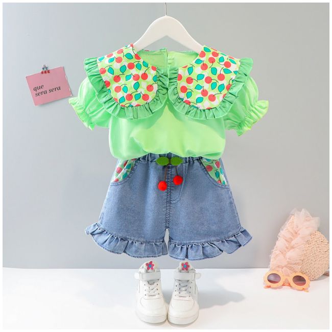 Costumas cu bluzita verde si pantalonasi din blugi - cirese (marime disponibila: 2 ani) adxq1899-2-dg.2 ani