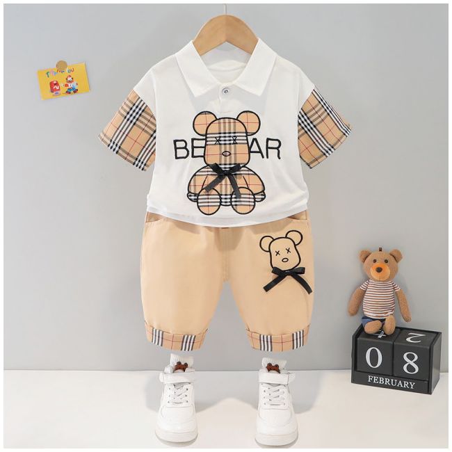 Costumas pentru baietei cu tricou si pantaloni scurti - Cream Bear ADXQ1882-1-dg
