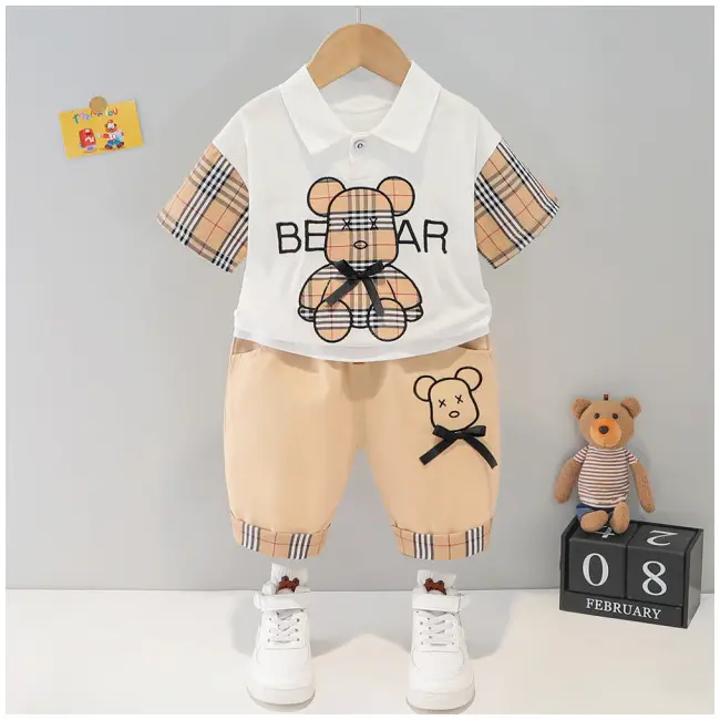 Costumas pentru baietei cu tricou si pantaloni scurti - Cream Bear ADXQ1882-1-dg
