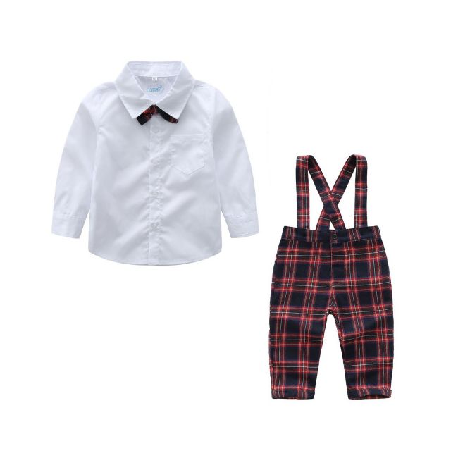 Costum elegant cu salopeta in carouri rosii MDtzb0102-DE2