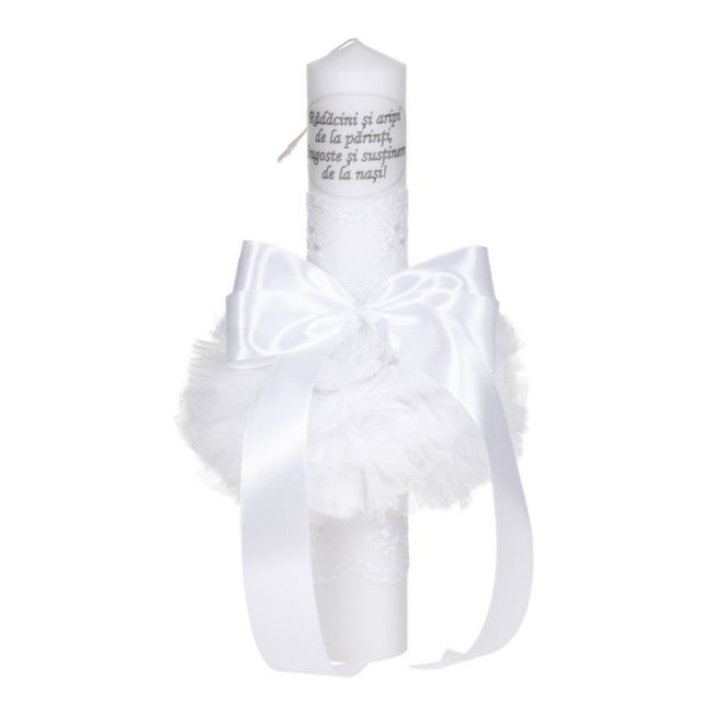 Lumanare botez cu mesaj Unisex cu decor alb fundita si dantela Denikos® C1032 NKO5710