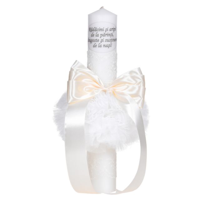 Lumanare botez cu mesaj unisex decor crem / ivoire, cu fundita si dantela, Denikos® C1033 NKO5711