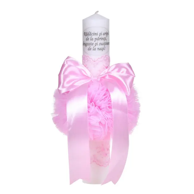 Lumanare de botez cu mesaj pentru Fetite decor roz, cu fundita si dantela, Denikos&reg; C1037 NKO5715