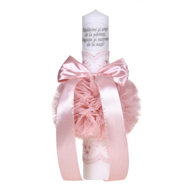 Lumanare botez cu mesaj pentu fete decor roz pudra, cu fundita si dantela, Denikos® C1038 NKO5717