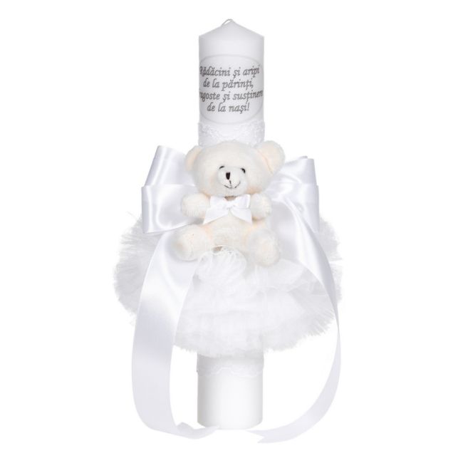 Lumanare botez cu mesaj unisex decor alb, cu fundita, dantela si ursulet Denikos® C1048 NKO5726