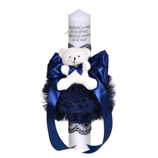 Lumanare botez cu mesaj decor bleumarin pentru baietei cu fundita, dantela si ursulet Denikos® C1045 NKO5723