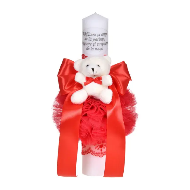 Lumanare botez cu mesaj decor rosu de fetita cu fundita si dantela cu ursulet Denikos&reg; C1042 NKO5720