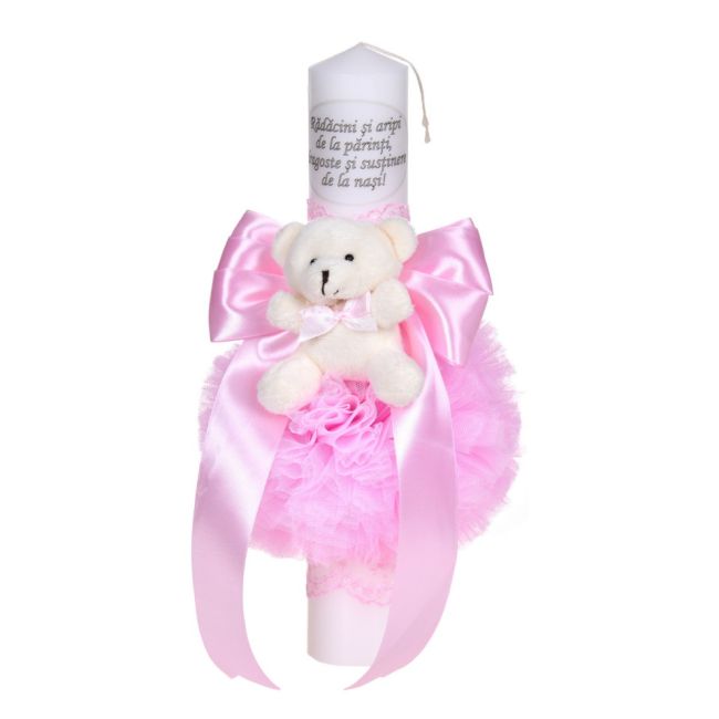 Lumanare botez cu mesaj decor roz cu fundita si dantela cu ursulet pentru fetite Denikos® C1044 NKO5722