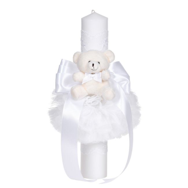 Lumanare botez unisex decor alb, fundita, dantela si ursulet asortate, Denikos® C1051 NKO5729