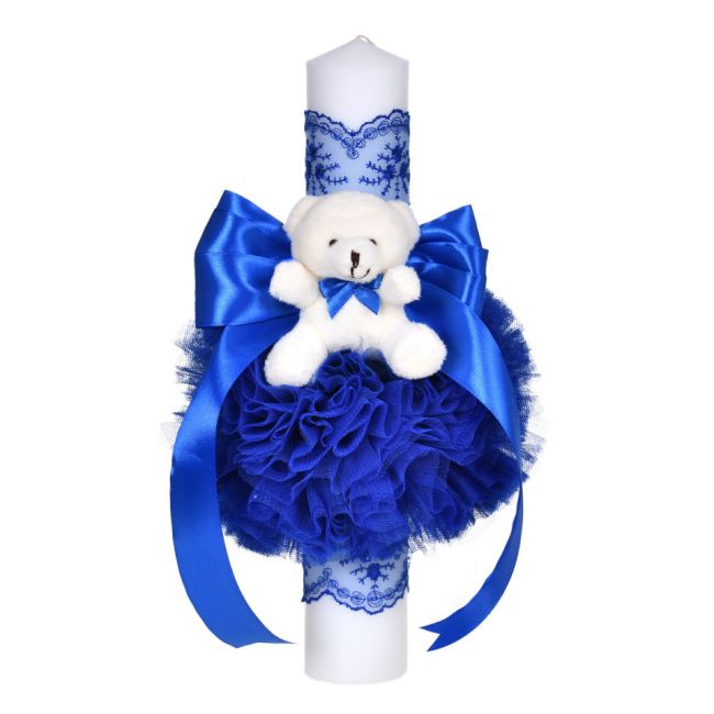 Lumanare botez decor albastru si fundita, dantela si ursulet pentru baietel Denikos® C1053 NKO5731