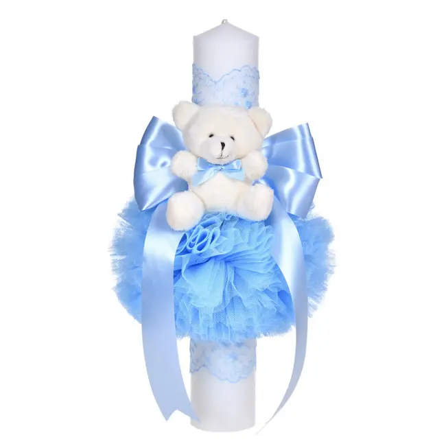 Lumanare botez decor bleu pentru baieti cu fundita, dantela si ursulet asortate, Denikos&reg; C1052 NKO5730