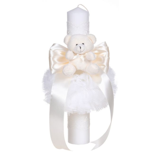 Lumanare botez decor ivoire, cu fundita, dantela si ursulet unisex Denikos® C1050 NKO5728