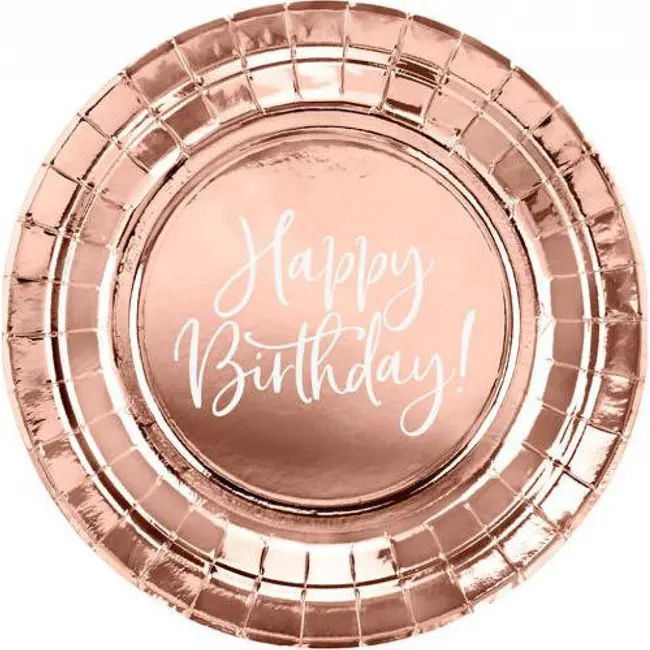 Set 6 farfurii de unica folosinta roz auriu Happy Birthday 18 cm JUBHB-TPP75-019R