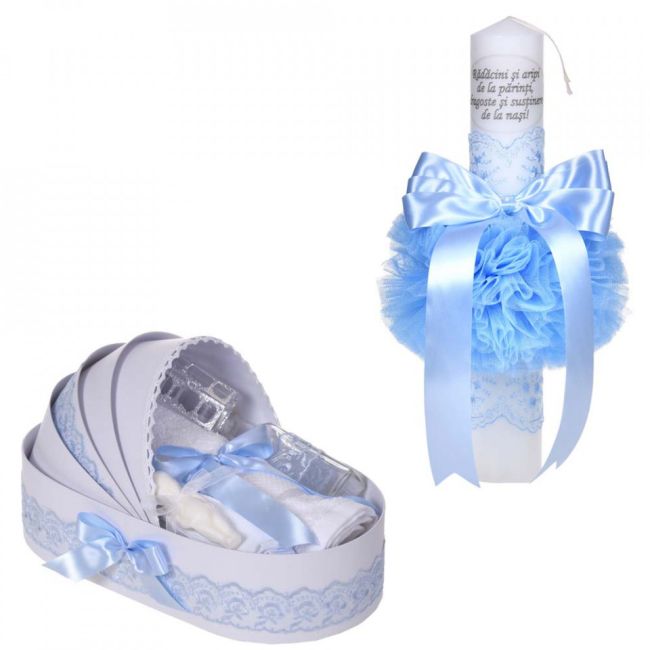 Set Trusou botez design landou si lumanare botez cu mesaj si dantela bleu ingusta pentru Baieti Denikos® C1063 NKO5741