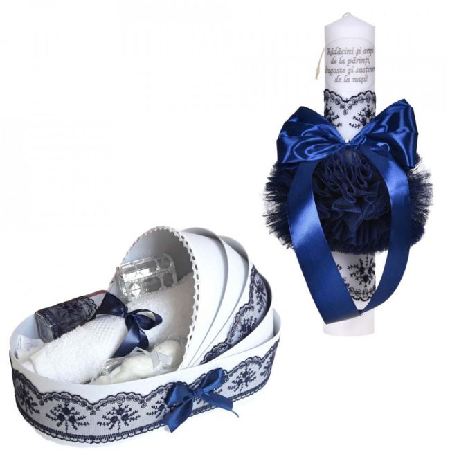 Trusou de botez plus lumanare botez in cutie landou pentru Baiat cu decor dantela bleumarin lata Denikos® C1066 NKO5744