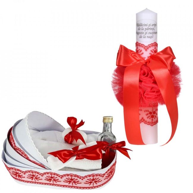 Pachet lumanare botez cu mesaj si trusou botez pentru Fete Denikos C1073 model landou cu decor dantela rosie - NKO5751