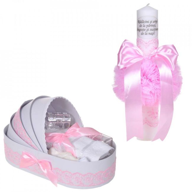 Pachet lumanare botez cu mesaj si trusou botez pentru Fete Denikos® C1068 cu dantela roz ingusta NKO5746