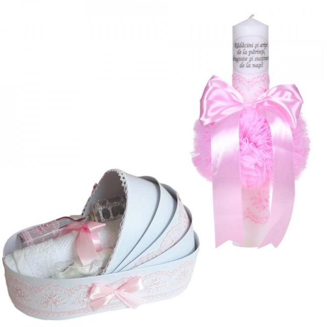 Se lumanare botez cu mesaj si trusou botez in landou pentru Fete cu decor dantela roz lata Denikos® C1069 NKO5747