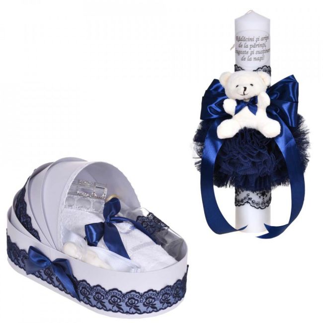 Set Trusou botez si lumanare botez cu mesaj pentru Baiat cu dantela bleumarin ingusta Denikos® C1084 in landou - NKO5762