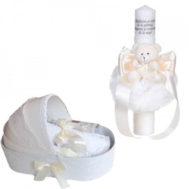 Pachet trusou botez in landou si lumanare cu mesaj si ursulet Denikos® C1078 unisex decor dantela ivory lata NKO5756