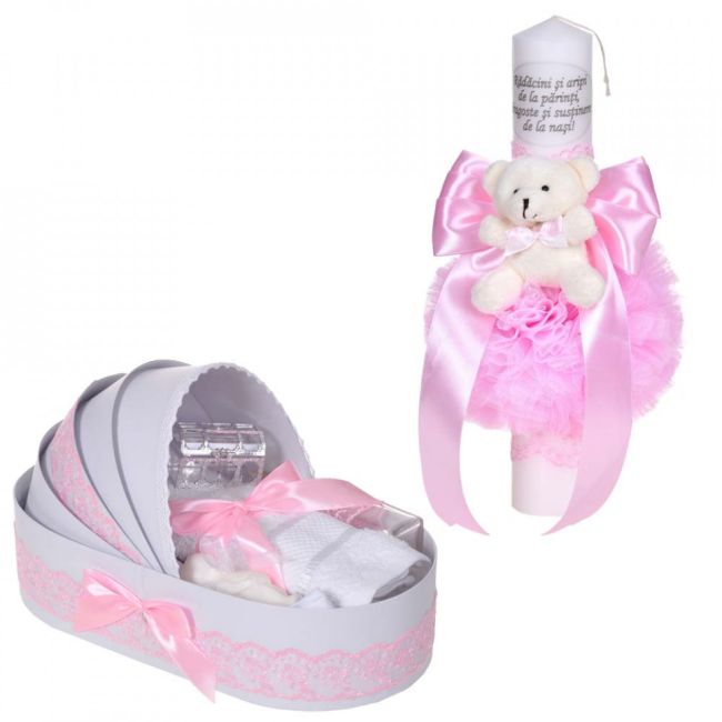 Lumanare botez cu mesaj pentru Fetite plus trusou botez in landou Denikos® C1085 cu dantela roz ingusta si ursulet NKO5763