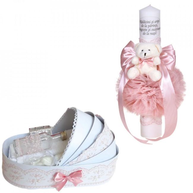 Pachet trusou botez in landou si lumanare botez cu mesaj Fete Denikos® C1087 dantela roz pudra lata NKO5765
