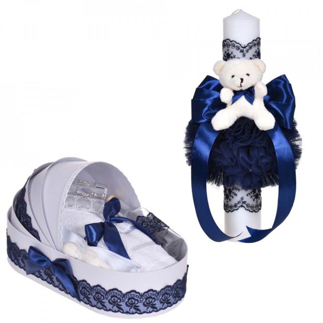 Lumanare botez cu ursulet plus trusou botez landou pentru Baieti cu dantela ingusta bleumarin Denikos® C1103 NKO5781