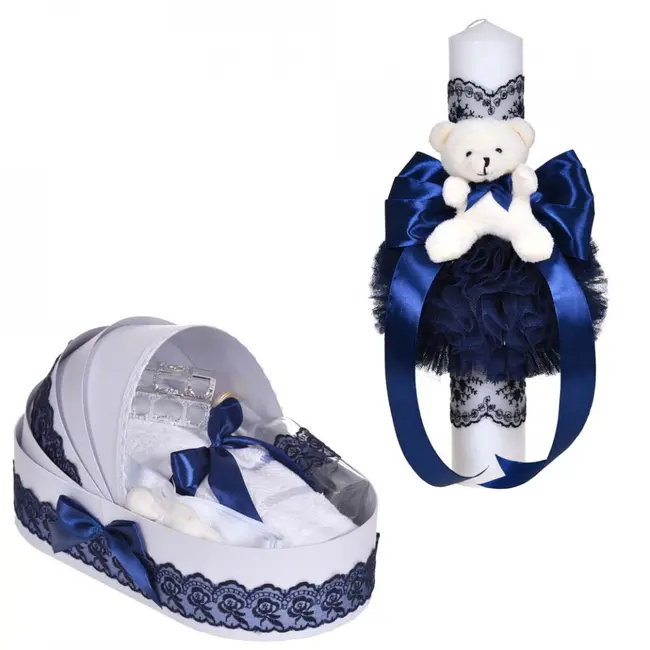 Lumanare botez cu ursulet plus trusou botez landou pentru Baieti cu dantela ingusta bleumarin Denikos&reg; C1103 NKO5781