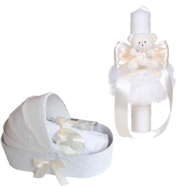 Pachet lumanare botez cu ursulet si trusou botez tip landou cu dantela lata ivoire Unisex Denikos® C1097 NKO5775