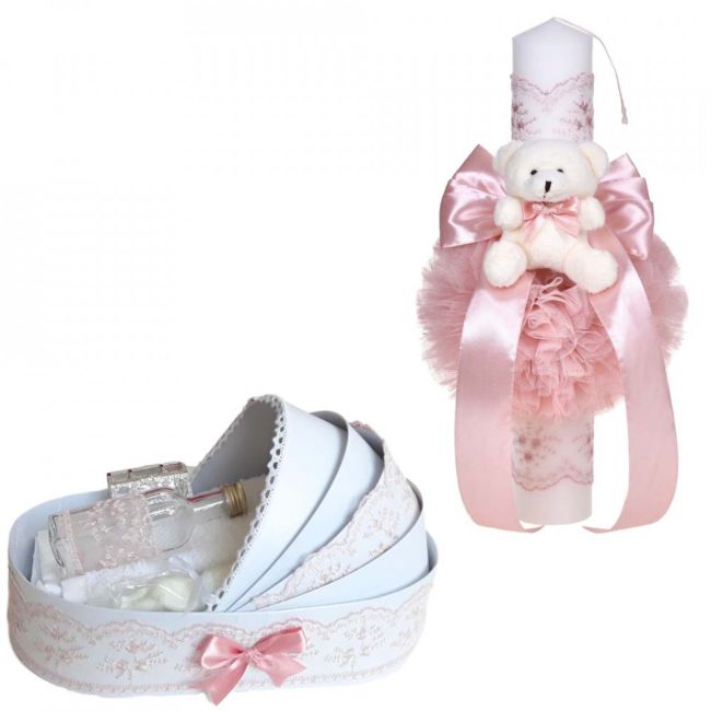 Set lumanare si trusou botez in landou pentru Fete cu dantela lata roz pudra si ursulet Denikos® C1106 NKO5784