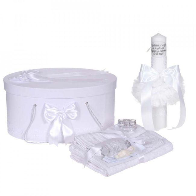Set Unisex cu trusou botez si lumanare cu mesaj Denikos® C1113 si cutie trusou, decor elegant dantela Alba  NKO5791