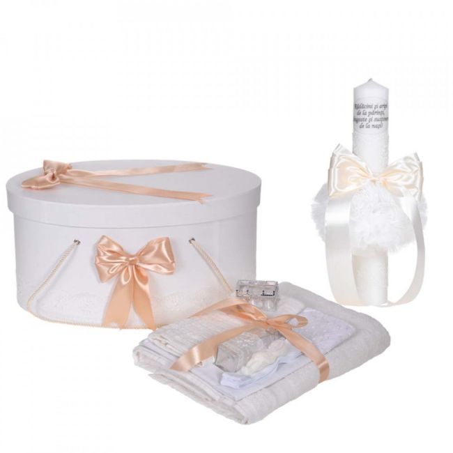 Pachet trusou botez cu lumanare cu mesaj si cutie trusou Unisex, decor elegant dantela Ivoire Denikos® C1114 NKO5792