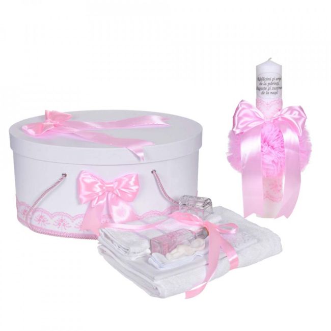 Pachet lumanare cu mesaj si trusou botez Denikos® C1118 si cutie trusou Fetite cu decor Roz NKO5796