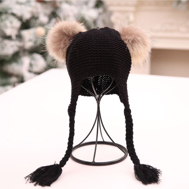 Caciulita Eva cu 2 pampoane (Culoare: Negru) JEMdrl1109