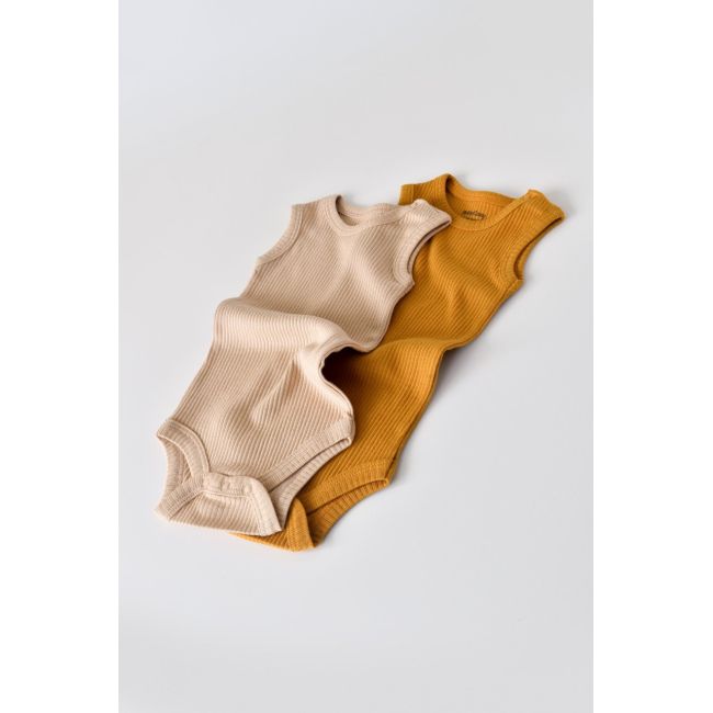 Set de 2 body-uri fara maneci din bumbac organic si modal - Mustar/Somon (Marime: 12-18 Luni) JEMBC-CSYM11104-12