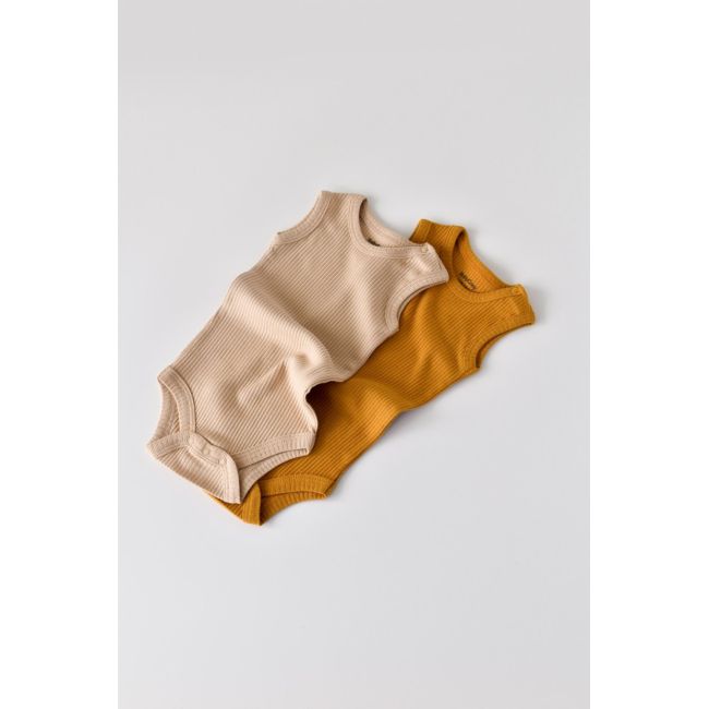 Set de 2 body-uri fara maneci din bumbac organic si modal - Mustar/Somon (Marime: 3-6 Luni) JEMBC-CSYM11104-3