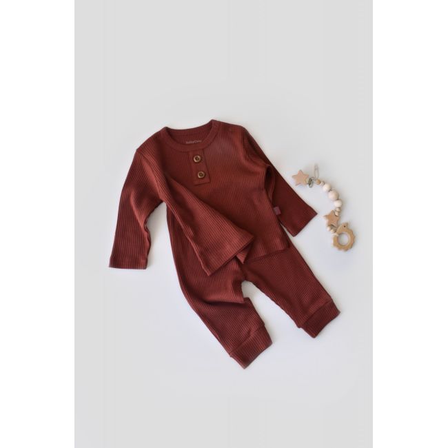 Set bluzita cu maneca lunga si panataloni lungi din bumbac organic si modal - Caramiziu (Marime: 6-9 luni) JEMBC-CSYM11501-6