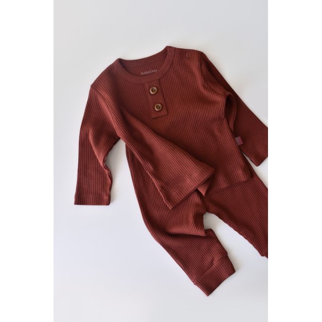 Set bluzita cu maneca lunga si panataloni lungi din bumbac organic si modal - Caramiziu (Marime: 6-9 luni) JEMBC-CSYM11501-6