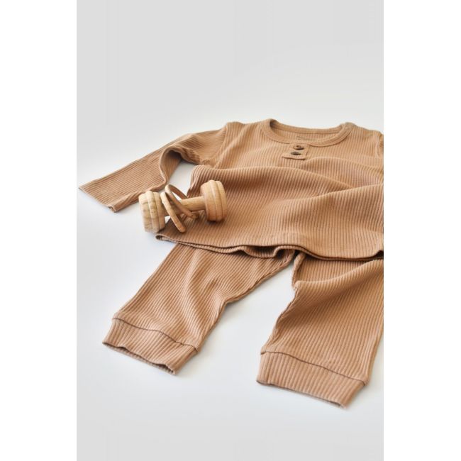 Set bluzita cu maneca lunga si panataloni lungi din bumbac organic si modal - Maro (Marime: 12-18 Luni) JEMBC-CSYM11506-12