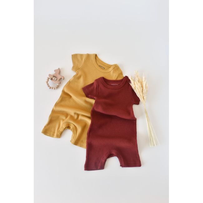 Set de 2 salopetele cu maneca scurta din bumbac organic si modal - Caramiziu/ Sofran (Marime: 12-18 Luni) JEMBC-CSYM1105-12