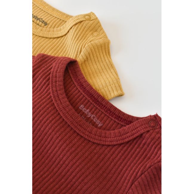 Set de 2 salopetele cu maneca scurta din bumbac organic si modal - Caramiziu/ Sofran (Marime: 12-18 Luni) JEMBC-CSYM1105-12