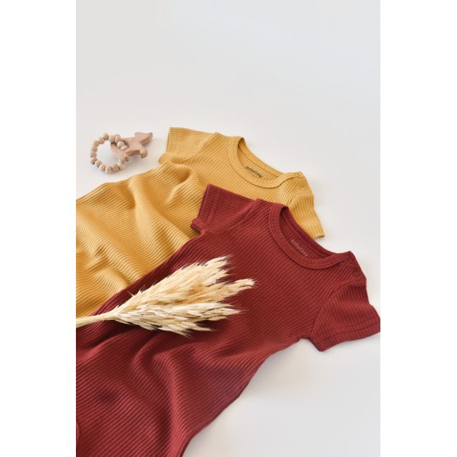 Set de 2 salopetele cu maneca scurta din bumbac organic si modal - Caramiziu/ Sofran (Marime: 9-12 luni) JEMBC-CSYM11405-9
