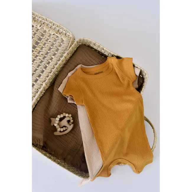 Set de 2 salopetele cu maneca scurta din bumbac organic si modal - Mustar/ Somon (Marime: 6-9 luni) JEMBC-CSYM11404-6