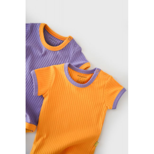 Set 2 body-uri Ribana Bebe Unisex din bumbac organic si 5%elastan - Galben/Mov (Marime: 3-6 Luni) JEMBC-CSYR4202-3