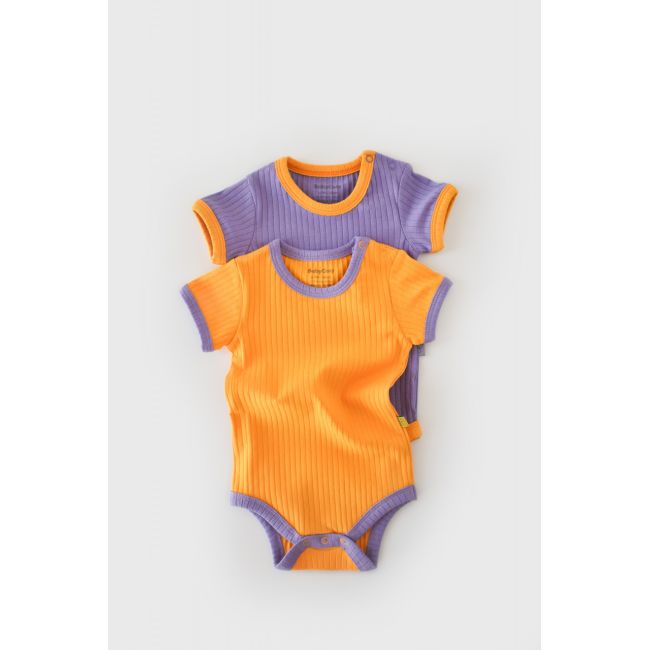 Set 2 body-uri Ribana Bebe Unisex din bumbac organic si 5%elastan - Galben/Mov (Marime: 3-6 Luni) JEMBC-CSYR4202-3