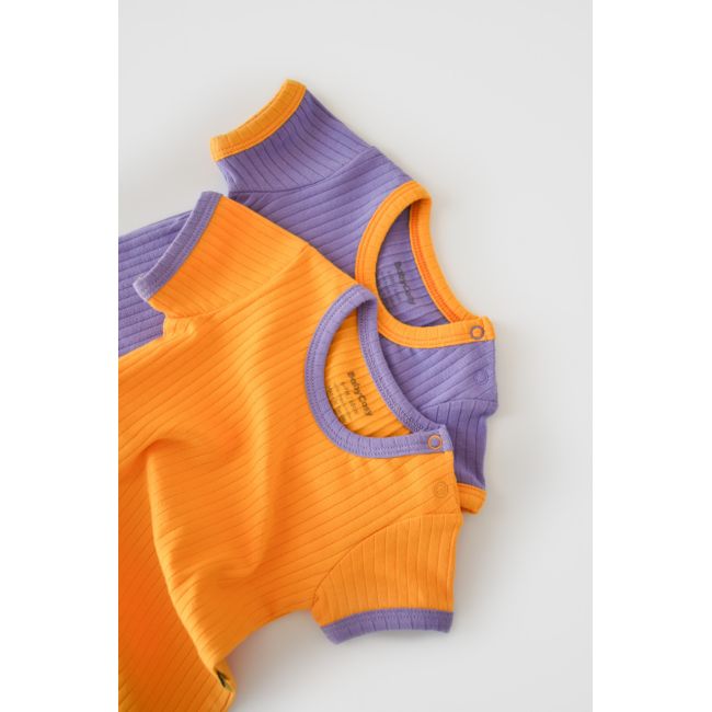 Set 2 body-uri Ribana Bebe Unisex din bumbac organic si 5%elastan - Galben/Mov (Marime: 3-6 Luni) JEMBC-CSYR4202-3
