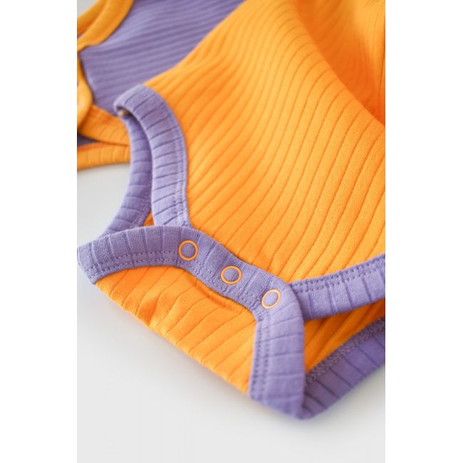 Set 2 body-uri Ribana Bebe Unisex din bumbac organic si 5%elastan - Galben/Mov (Marime: 6-9 luni) JEMBC-CSYR4202-6