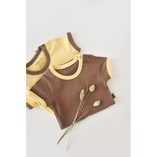 Set 2 body-uri Ribana Bebe Unisex din bumbac organic si 5%elastan - Vanilie/Maro (Marime: 9-12 luni) JEMBC-CSYR4203-9