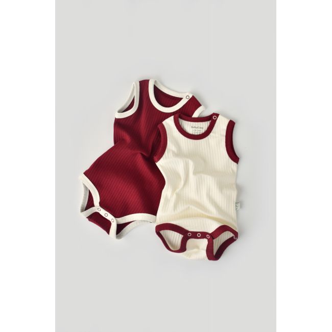 Set 2 body-uri fara maneci Ribana Bebe Unisex din bumbac organic si 5%elastan - Ecru/Bordo (Marime: 12-18 Luni) JEMBC-CSYR4101-12