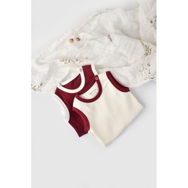 Set 2 body-uri fara maneci Ribana Bebe Unisex din bumbac organic si 5%elastan - Ecru/Bordo (Marime: 12-18 Luni) JEMBC-CSYR4101-12